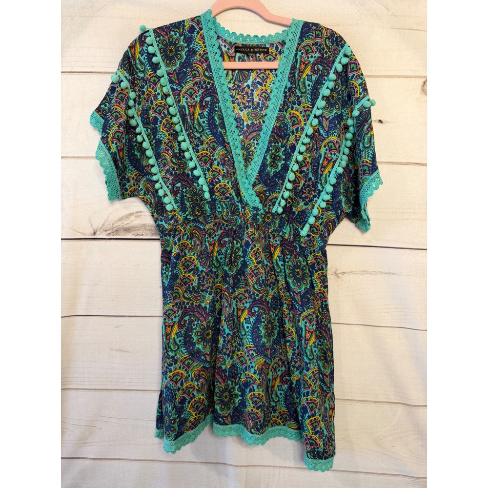 America & Beyond Boho Paisley Pom Pom V Neck Tunic Cover Up Dress Turquoise